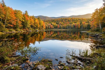 Vibrant autumn forest reflecting in calm lake under blue sky © aput
