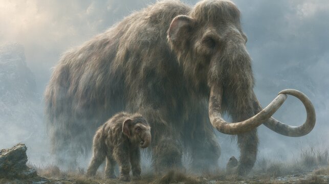 Woolly mammoth and calf stand together in a misty landscape during a cloudy day