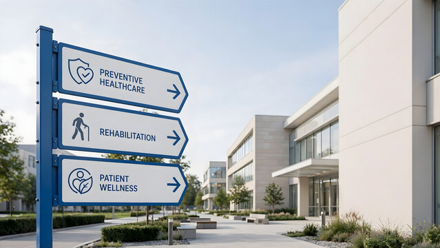 Hospital campus wayfinding sign pointing to preventive healthcare rehabilitation and patient wellness