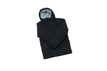 Black winter jacket with hood isolated on white background, Black sports winter windproof jacket isolated © retbool