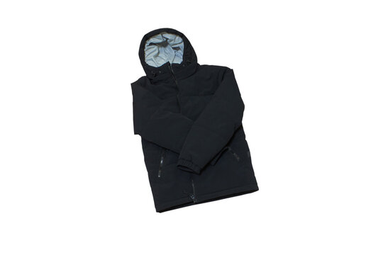 Black winter jacket with hood isolated on white background, Black sports winter windproof jacket isolated