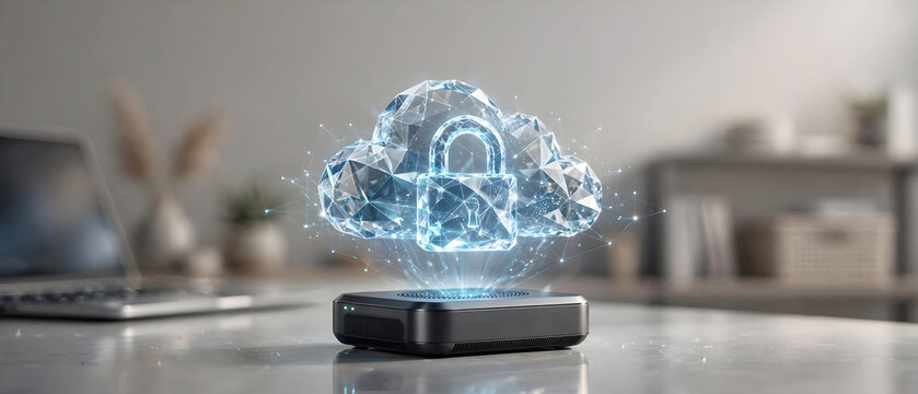 Cloud cybersecurity gateway concept with glowing lock and secure network projection