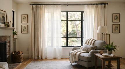 Fototapeta premium living room interior, curtain interior, contemporary interior design with window curtains and cozy seating, cozy home interior with sheer curtains and comfortable armchair