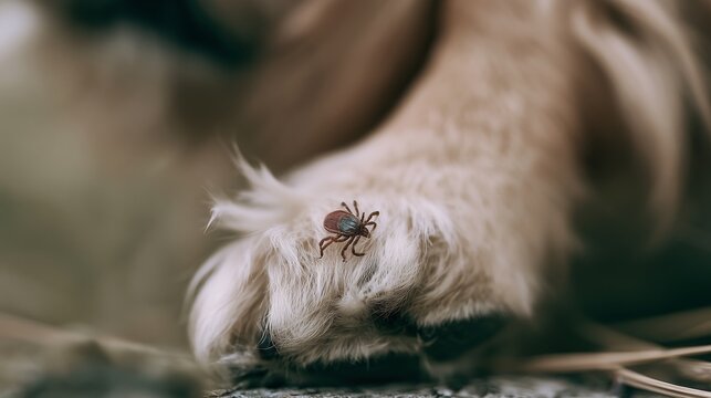 Dog paw with tick on ground in outdoor setting during daytime