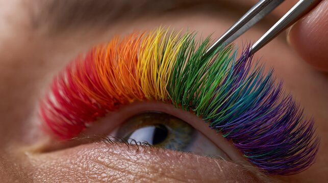 Completed rainbow gradient lash set on an open eye transitioning from red to violet with the technician placing the final outer extension. Concept of rainbow eyelash extensions.