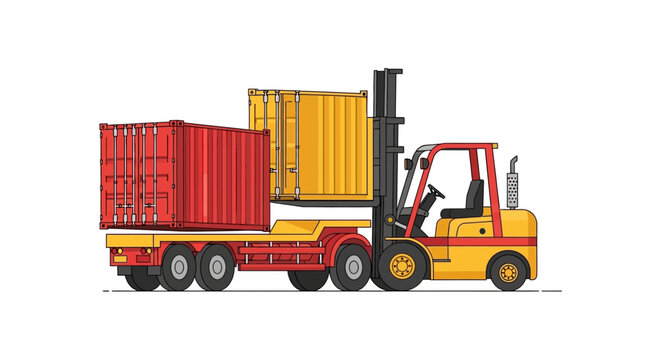 Industrial Forklift Loading Cargo Containers onto a Flatbed Trailer Vector Illustration - Logistics and Freight Transportation Concept