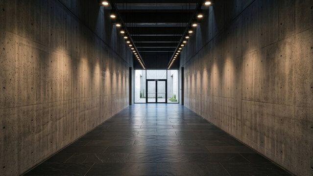 Modern empty concrete hallway with tiled floor and row of ceiling spotlights