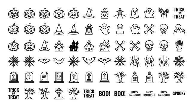 A diverse collection of black and white outline icons representing Halloween symbols like pumpkins, ghosts, witches, bats, spiders, and gravestones.