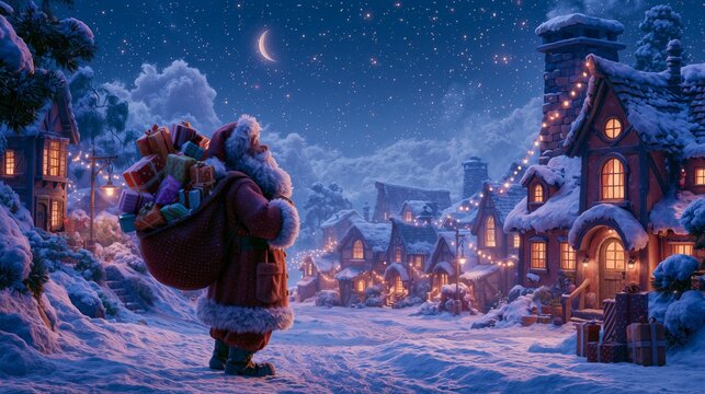 Santa Claus carries gifts through a snowy village at night under a starry sky and spreads holiday cheer to all around