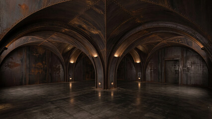 Obraz premium Dark underground chamber with rusty riveted metal walls and arched vaulted ceilings