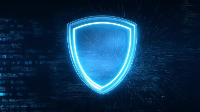 Cyber security shield icon glowing on abstract digital background. Data protection, network safety, and privacy concept.