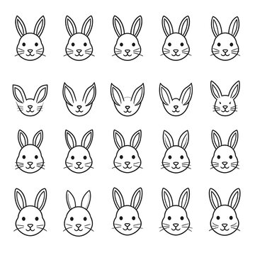 A collection of 20 simple line-drawn rabbit faces in four rows