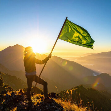 A triumphant climber stands on a mountain peak at sunrise, holding a green flag that symbolizes success, environmental hope, and personal achievement against a breathtaking vista.