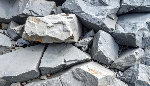 A close-up view of a pile of large, rough-hewn gray rocks with jagged edges