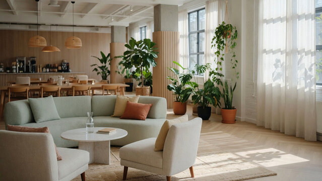 The interior of a modern living room with a couch, chairs, coffee table, and plants in pots sitting in a brightly lit lounge area with large windows.