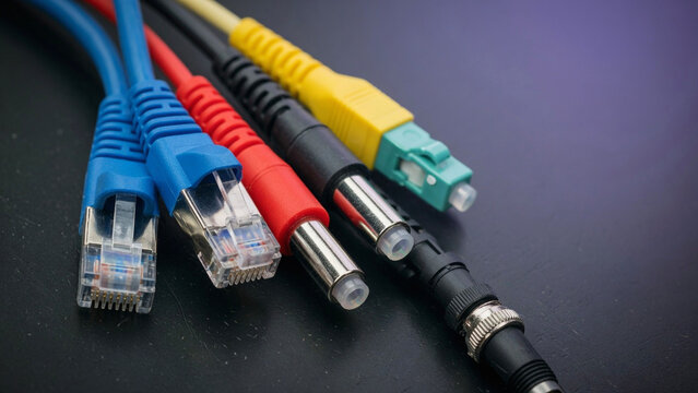 Colorful network cables with various connectors on a dark surface