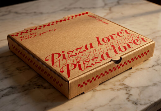 Pizza Box Mockup on Marble Kitchen Counter
