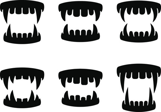 Black silhouette vampire fangs and teeth set for halloween isolated on transparency.