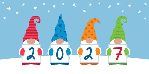 Obraz premium christmas and new year greeting card 2027 cute christmas dwarf vector illustration