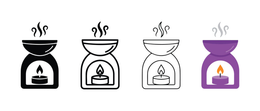 oil burners with candles in different colors on white background for aromatherapy and relaxation  home spa and wellness
