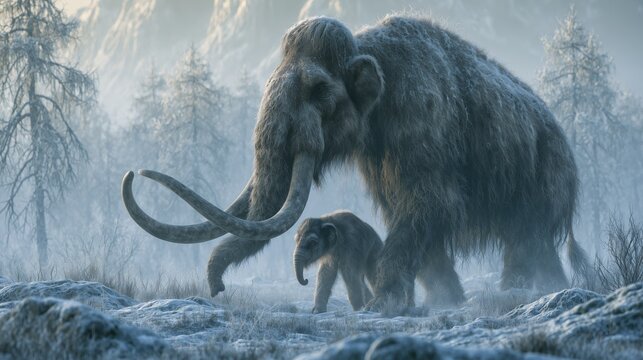 Mammoths walk together in a snowy landscape during a cold, frosty period in the prehistoric past