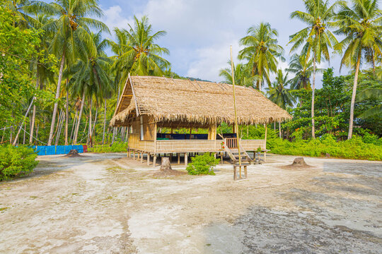The beach scene with gazebo on the beach under palm tree