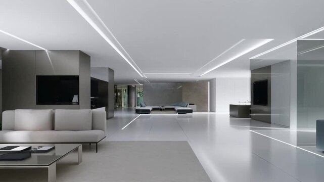 Spacious modern luxury living room interior with sleek minimalist design, integrated LED lighting, and high-tech aesthetics.