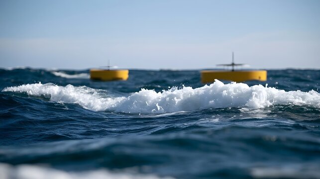 Two yellow floating buoys bobbing on choppy blue ocean waves under clear sky with white foam cresting near