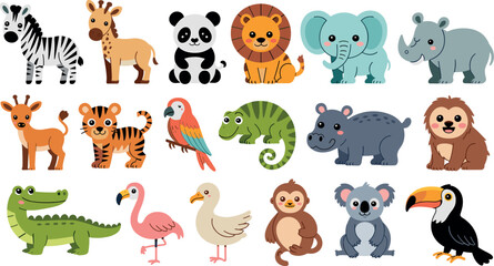 Cute safari jungle wild animal cartoon character set featuring lion tiger elephant panda zebra koala crocodile toucan vector illustration © tuzam