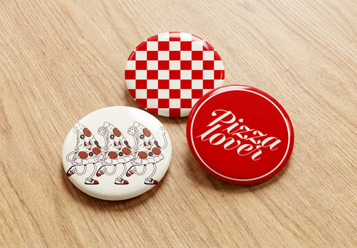 Set of Pin Badges Mockup on Wooden Table