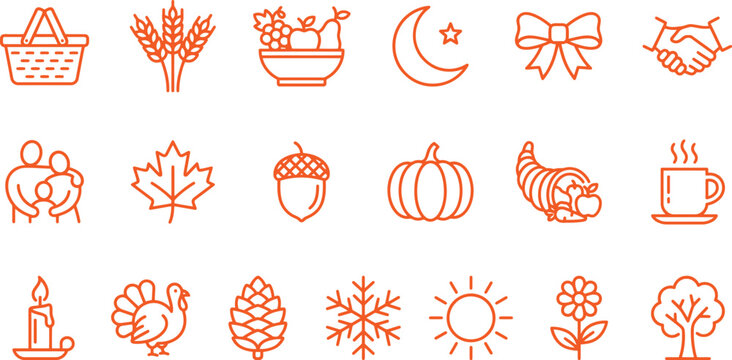 Thanksgiving autumn icons set with various symbols and objects