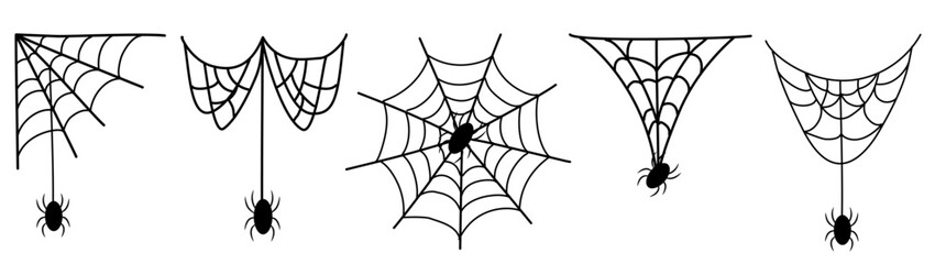 Cute cartoon spider with spider webs Halloween vector set for stickers, greeting cards, party decorations, posters, apparel and cozy autumn seasonal design © Halyna