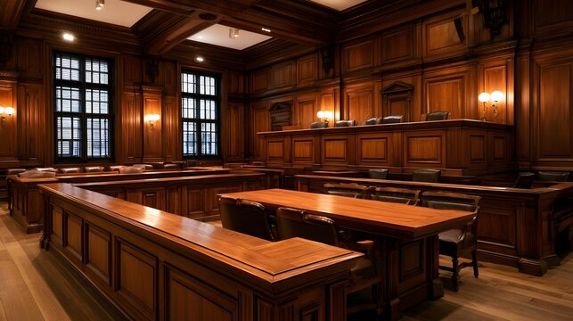 A grand courtroom with rich wooden paneling  elevated judge s bench  and rows of seating under warm lighting
