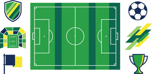 Green Soccer Field Top View Set with Stadium, Ball, Trophy, and Corner Flag Icons for Sports Tournament Designs © MstSuraiya
