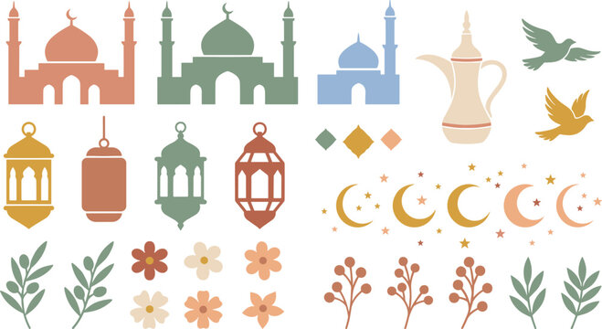 Islamic Ramadan and Eid Silhouette Element Set with Mosque Lanterns Crescent Moon Arab Dallah and Flowers Vector Icons