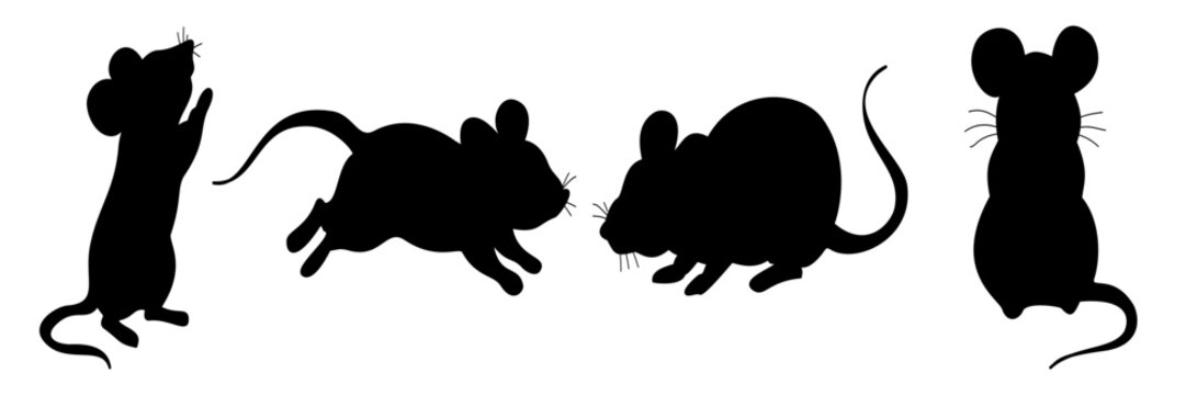 Black mouse silhouette vector set isolated on white background for logos, icons, Halloween decorations, stickers, packaging, pest control and wildlife design