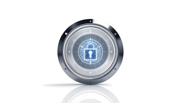 Quantum cybersecurity emblem with digital lock. Futuristic data protection icon for network safety.