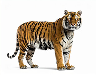 Obraz premium Large majestic tiger standing calmly against a plain white background