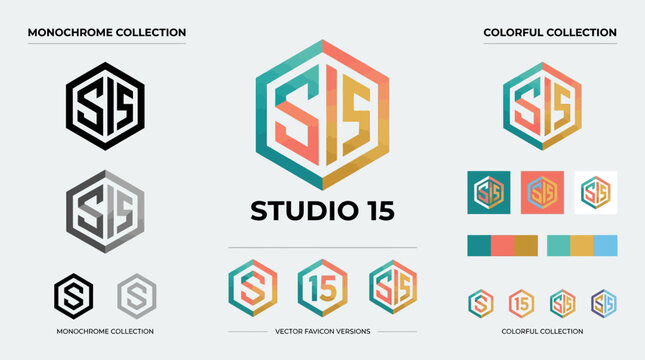Studio 15 Logo Design - Hexagon Monogram, Colorful & Monochrome Variations
