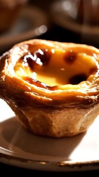Fresh hot Portuguese custard tart with steam and golden crust