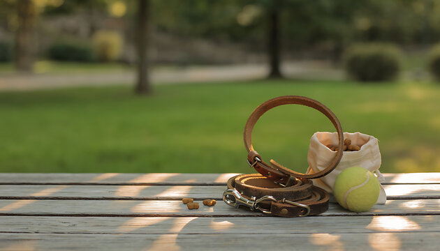 Dog Leash and Treats on Wooden Park Bench with Dappled Summer Light