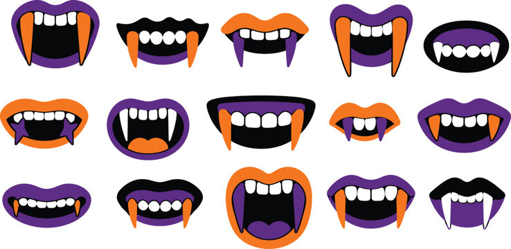 Spooky vampire mouths and teeth collection for halloween design with halloween creature collection illustration isolated background frightening expression decoration character creative