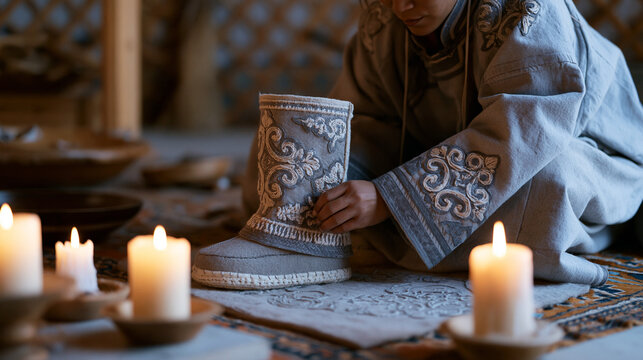 Mongolian felt boot maker pressing decorative wool appliqu&eacute; onto ankle panels in a ger workshop, candlelit atmosphere, Central Asia footwear craft, handmade winter goods, nomadic