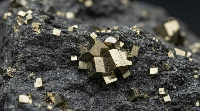Natural cubic pyrite crystal inclusions in dark matte slate macro