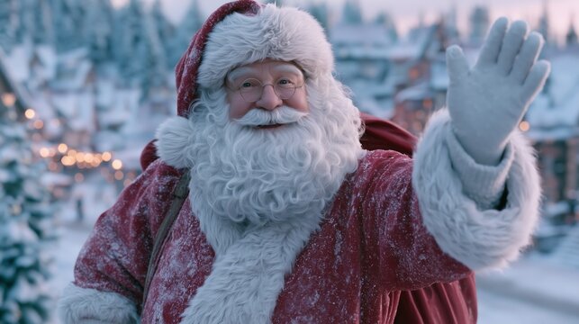 Santa Claus holds a gift in a cozy holiday scene filled with twinkling lights and a festive atmosphere