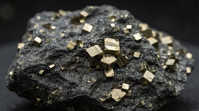 Natural cubic pyrite crystal inclusions in dark matte slate macro