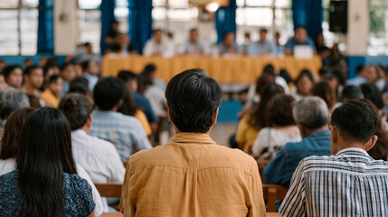 Fototapeta premium Filipino school board community meeting in gymnasium, parents and teachers seated in rows facing panel table, tense deliberation body language, urban Manila public school