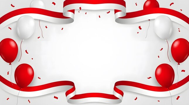 Symmetrical frame background design featuring red and white ribbons on top and bottom with balloons for Indonesia national day celebration.