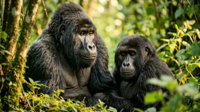 two gorillas close up in bwindi impenetrable forest uganda morning light video