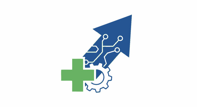 Green cross with gear and rising circuit arrow.